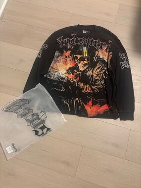 Godspeed Graphic Black Long-Sleeve Sweater with Flame Skull Print